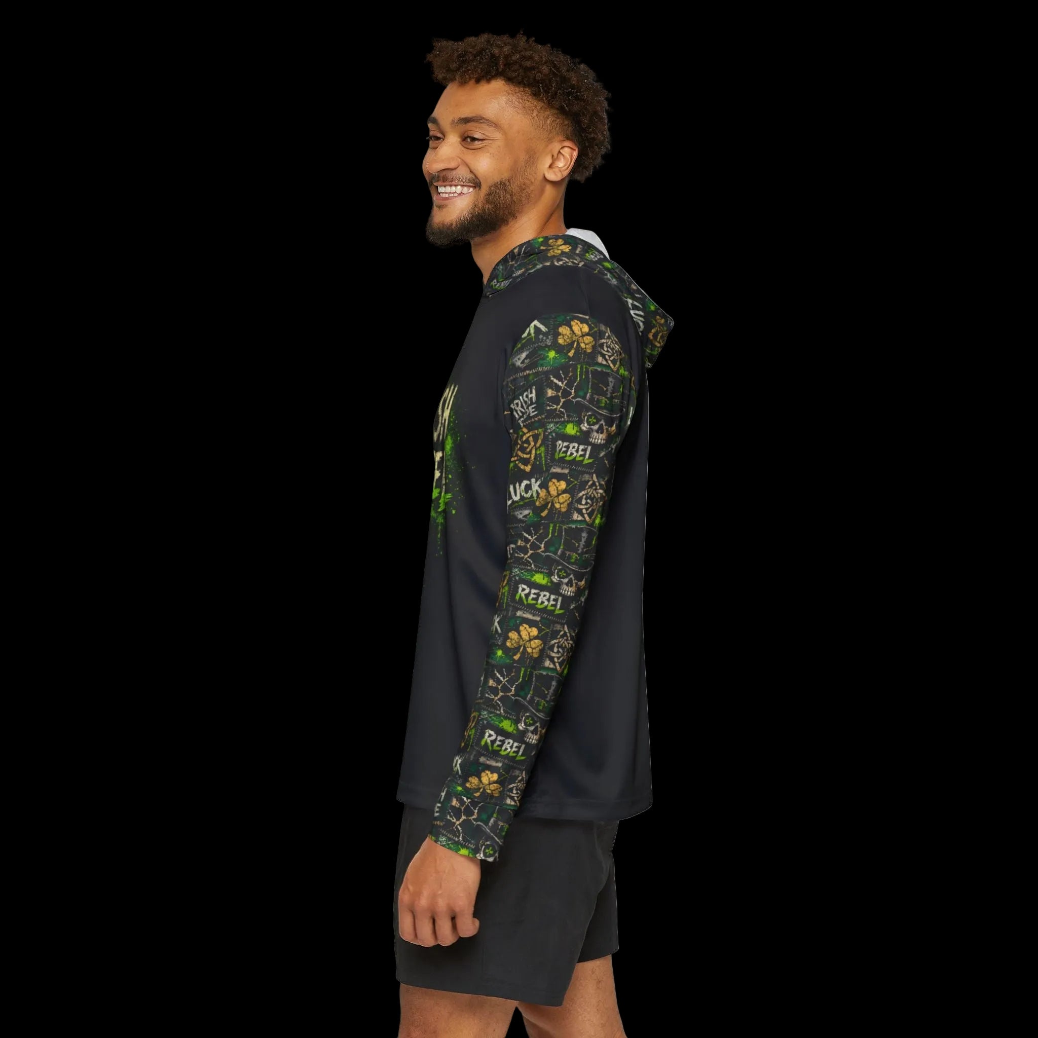 Irish Rebel Performance Sport Hoodie with gothic graphic print, featuring vibrant all-over design by Printify.