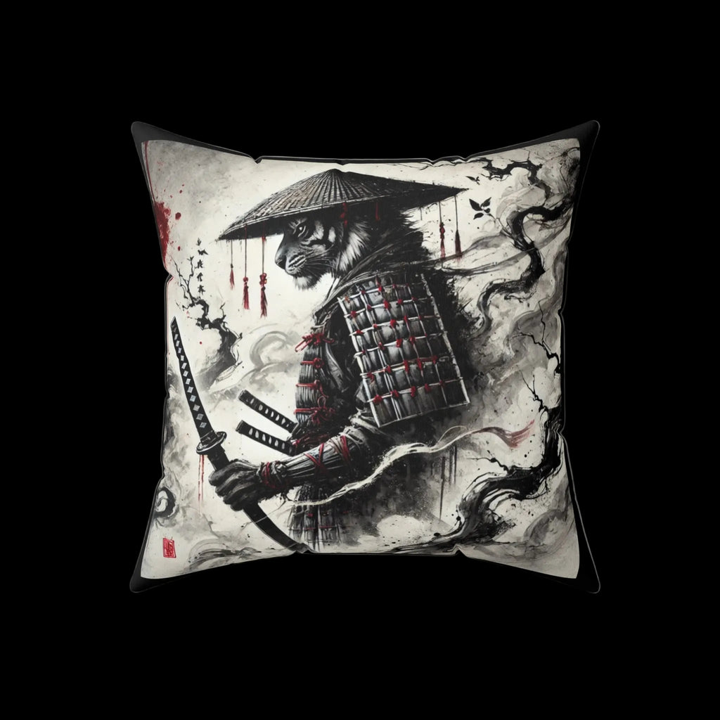 Samurai Tiger Pillow featuring Japanese art design, decorative home decor cushion with bold tiger and samurai artwork.