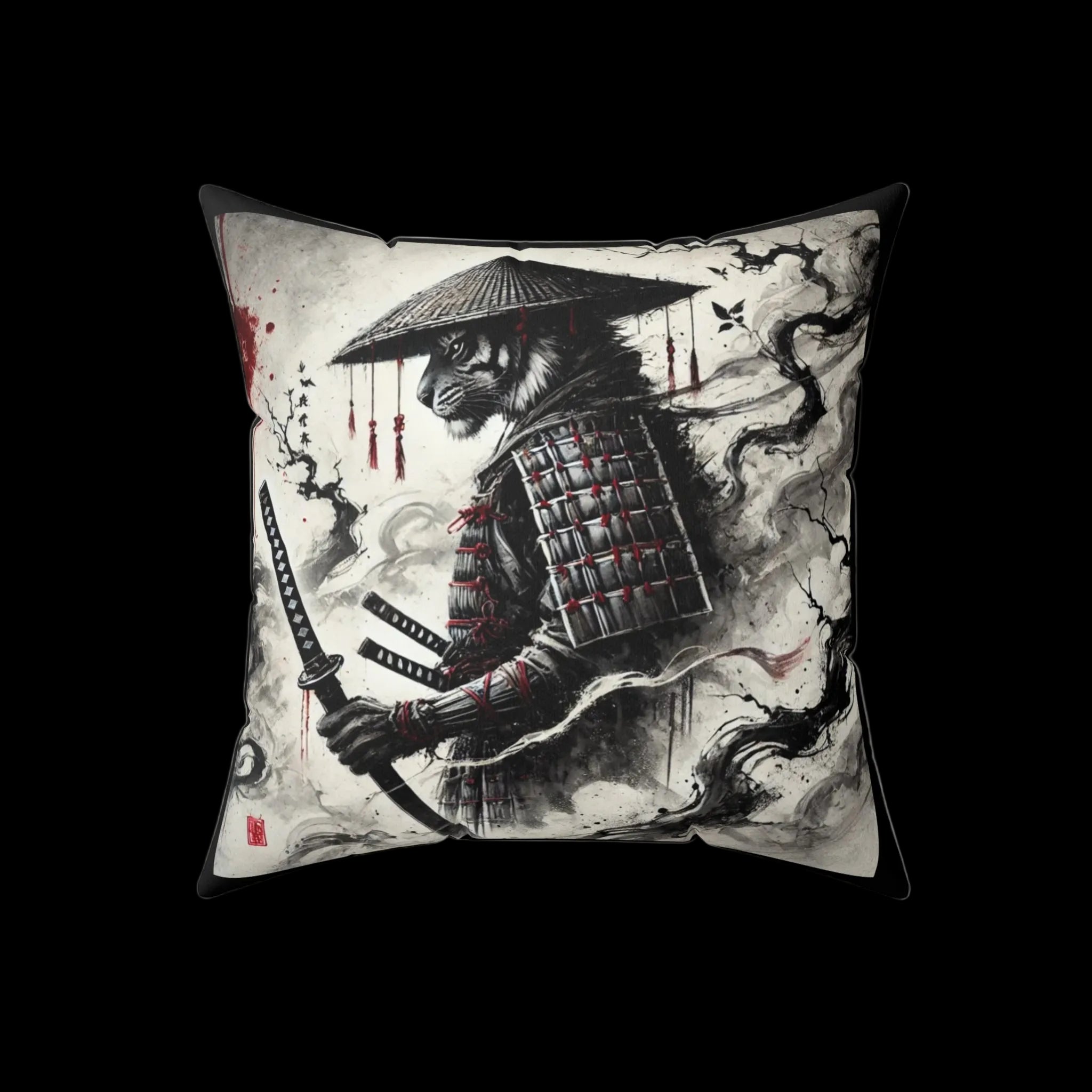 Samurai Tiger Pillow featuring Japanese art design, decorative home decor cushion with bold tiger and samurai artwork.