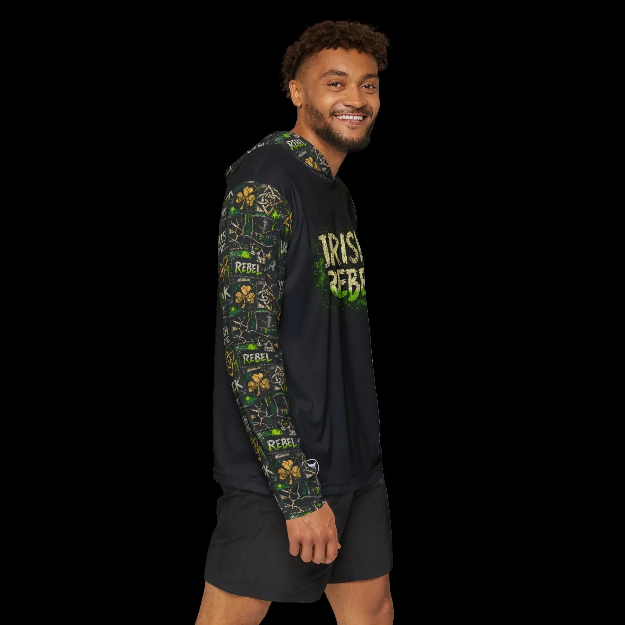 All-over print Irish Rebel Performance Sport Hoodie with gothic graphic design by Chaos Kitten Emporium, featuring bold, vibrant artwork.