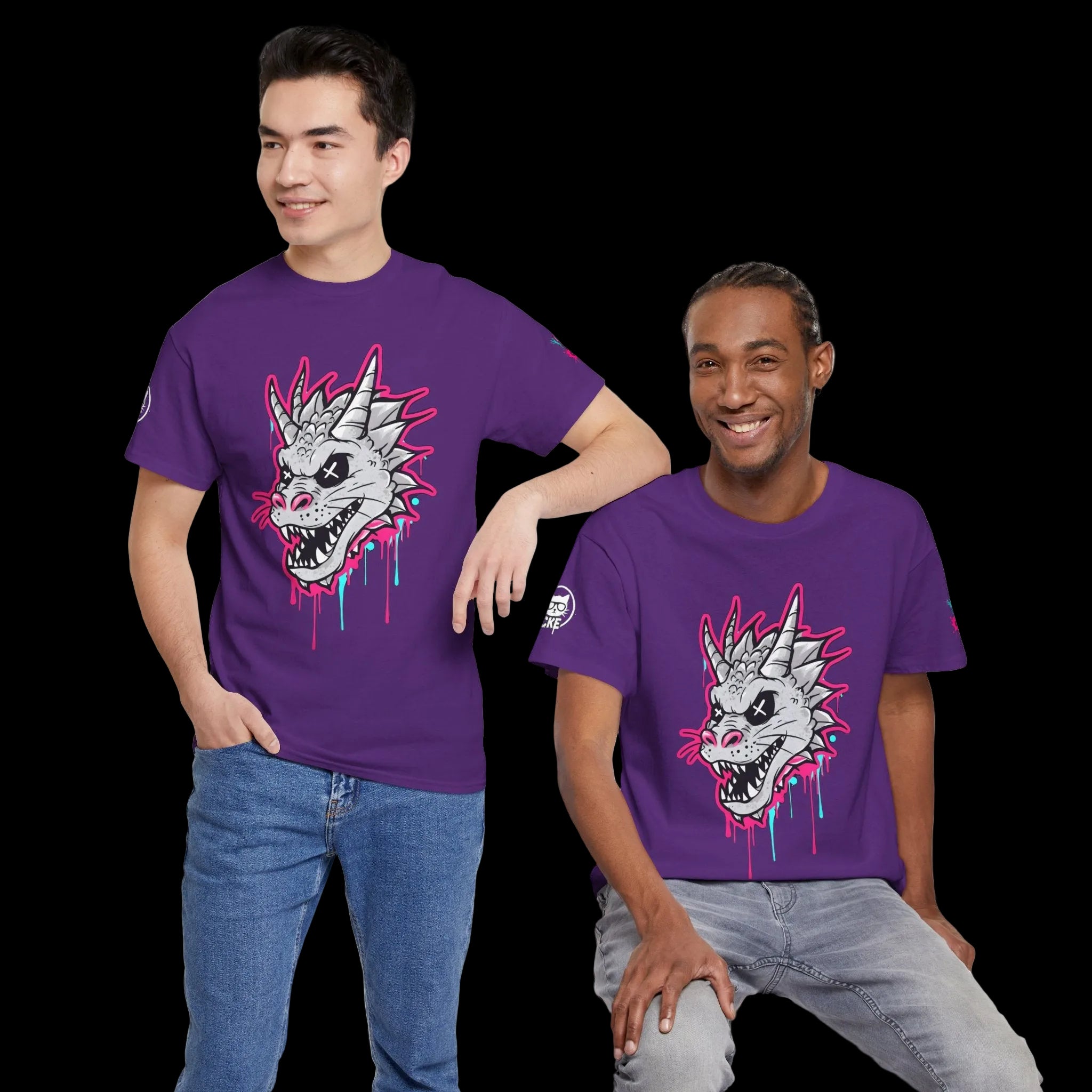 Bold dragon skull graphic t-shirt in vibrant colors, featuring electric pink and cyan paint drips, worn by two individuals.