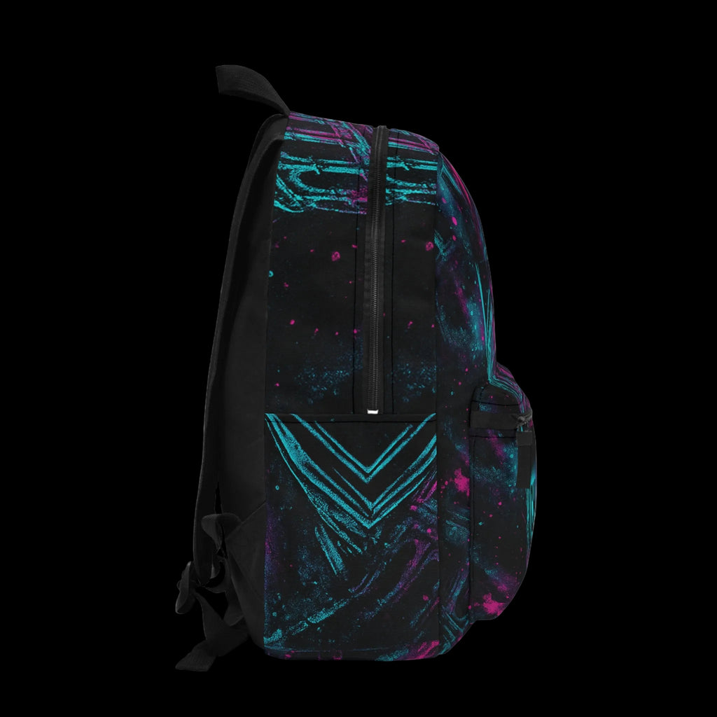 Vibrant Neon Graffiti CHAOS Backpack featuring teal and magenta design on a black background with adjustable straps.