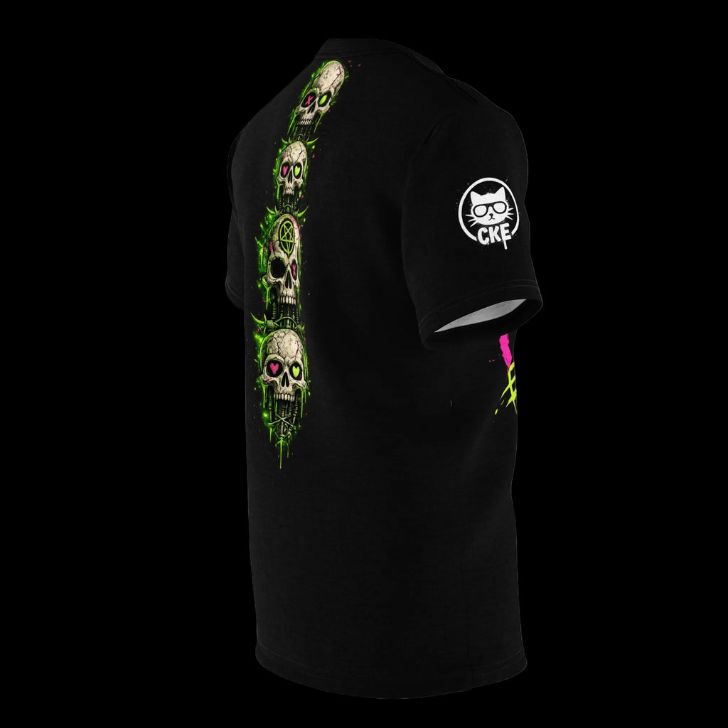 Chaos Kitten Gothic graphic tee with all-over print featuring a bold, edgy kitten design on black fabric, by Printify.