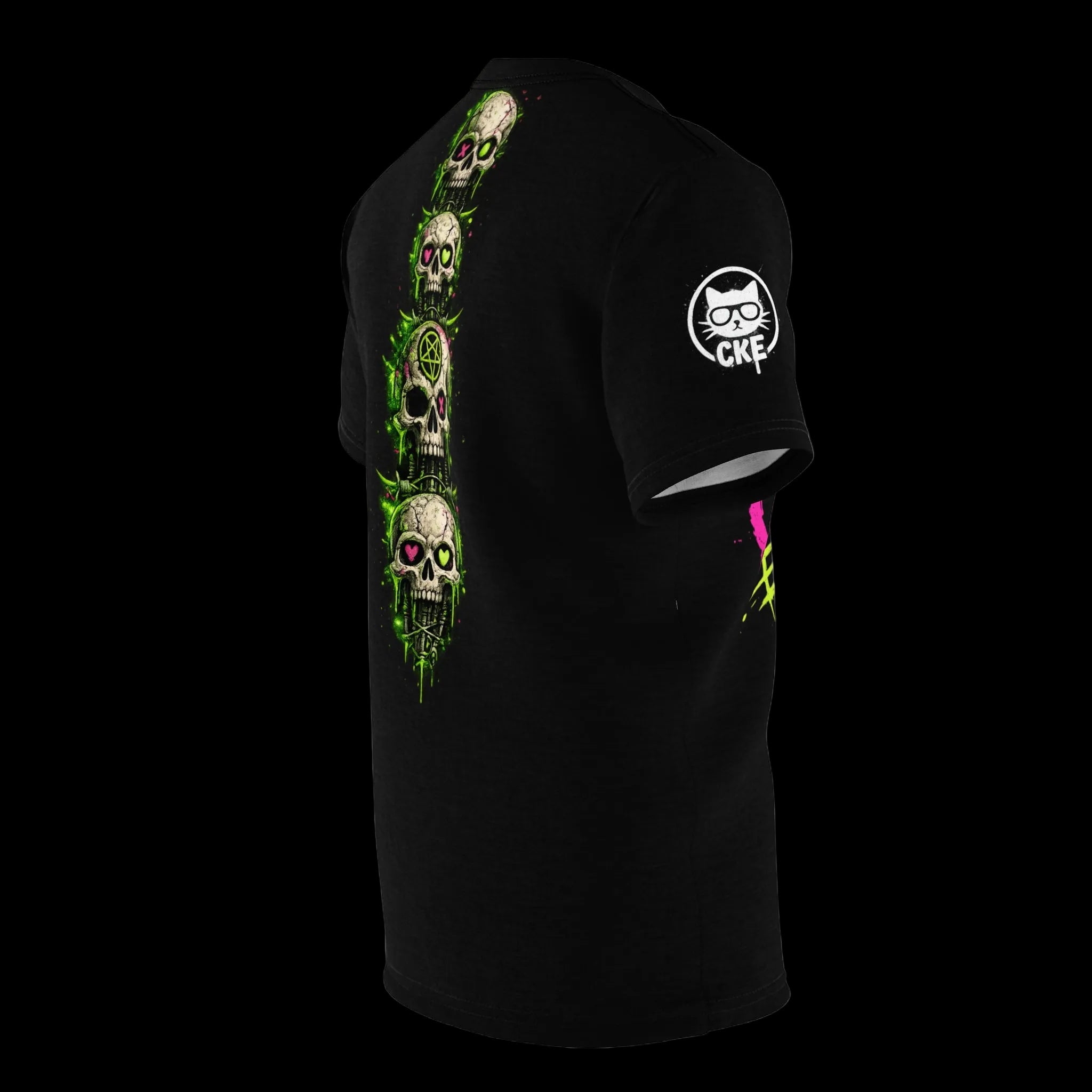 Chaos Kitten Gothic graphic tee with all-over print featuring a bold, edgy kitten design on black fabric, by Printify.