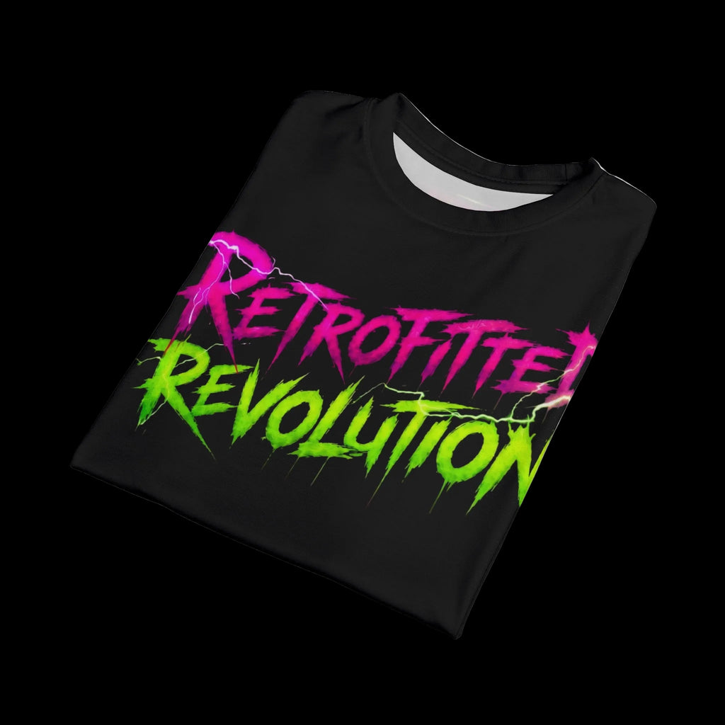 The black T-shirt features the bold 'Retrofitted Revolution' text in vibrant pink and green, showcasing a striking steampunk design.