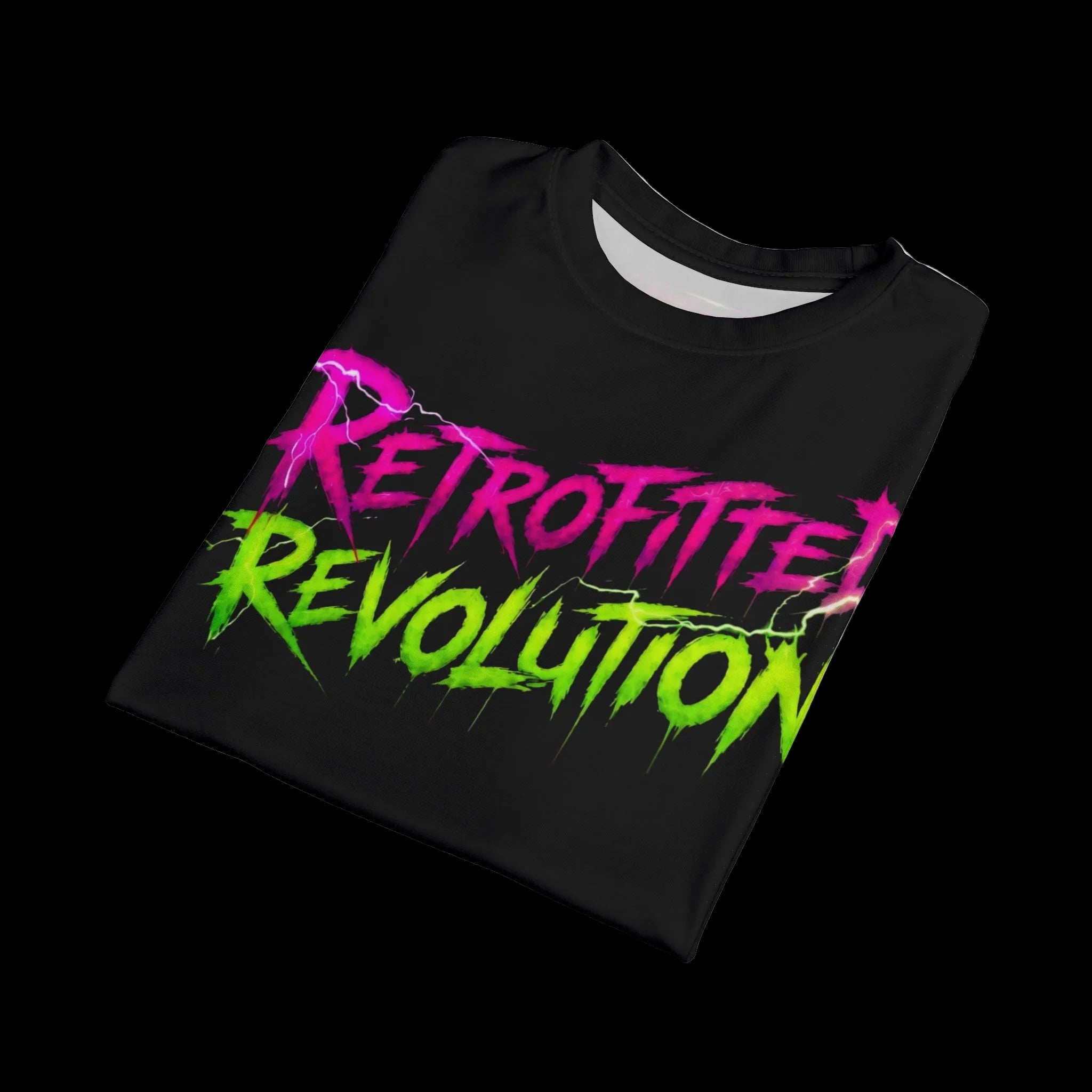 The black T-shirt features the bold 'Retrofitted Revolution' text in vibrant pink and green, showcasing a striking steampunk design.