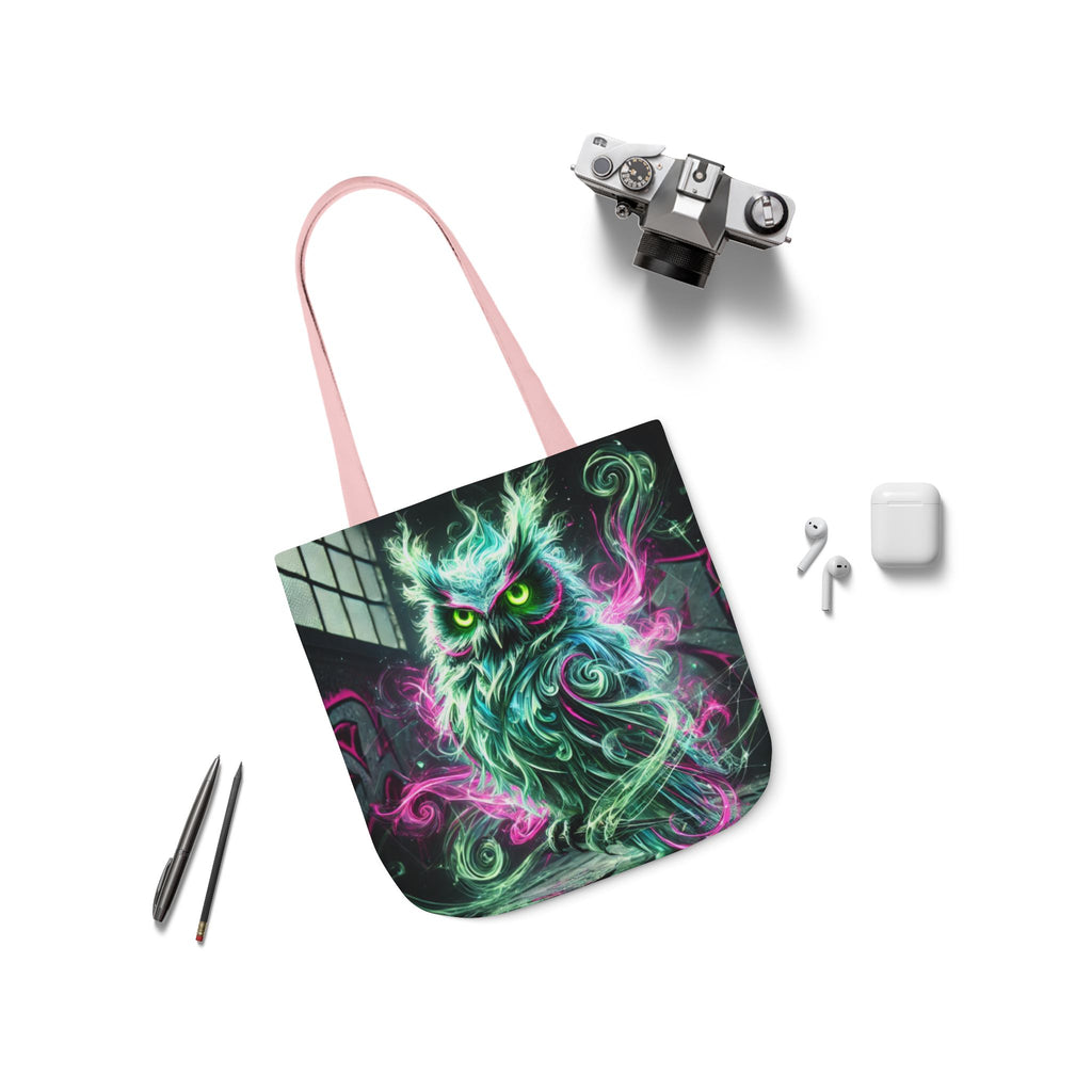 Mystic Owl all-over print tote bag featuring gothic design, made by Printify, with detailed owl and mystical patterns.