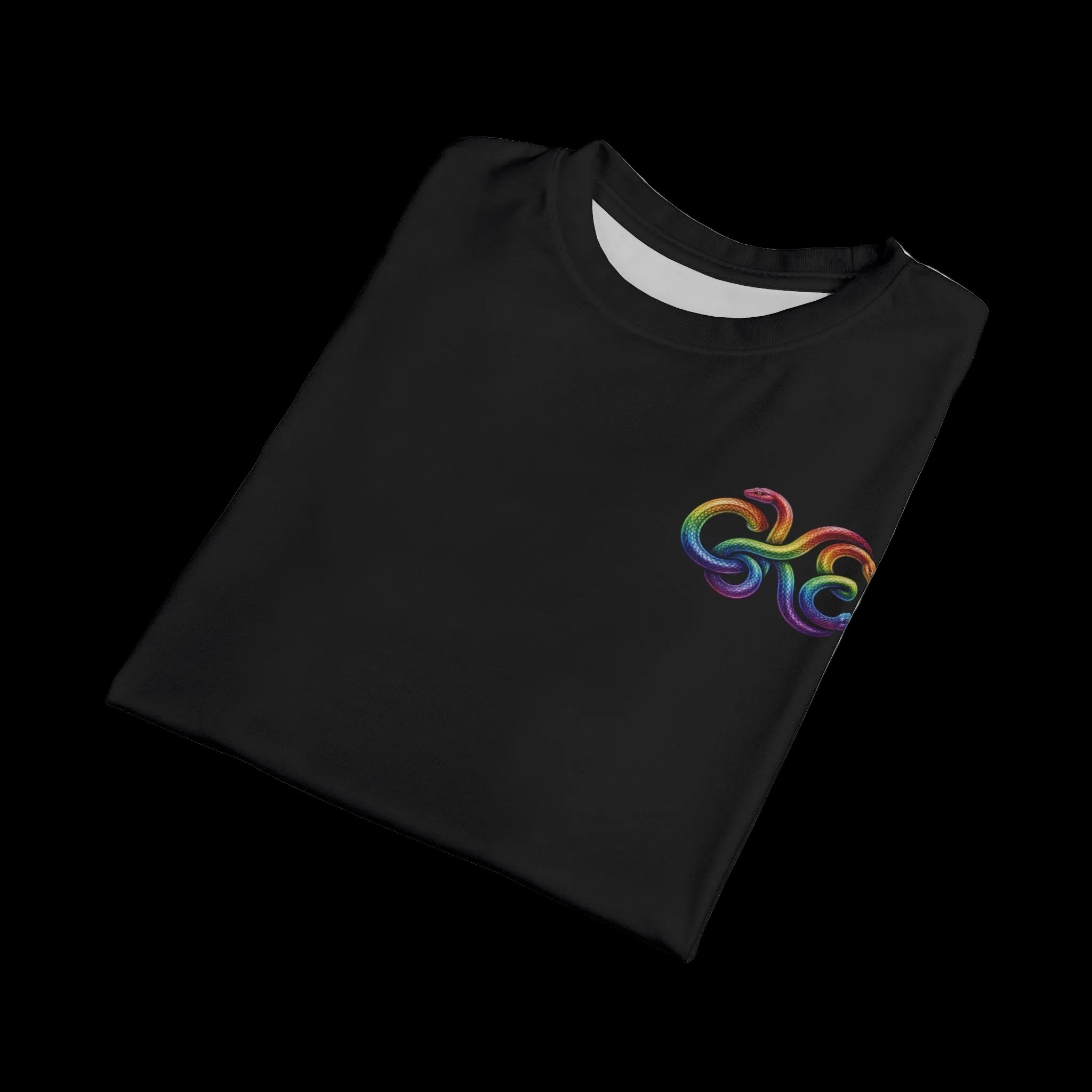 Black t-shirt featuring a colorful rainbow Medusa graphic on the chest, showcasing vibrant colors and a classic crew neck style.
