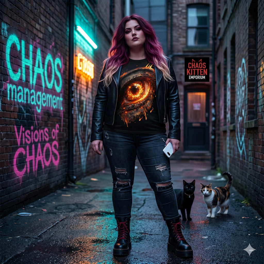 Person wearing a black graphic tee with a fiery eye design in a dimly lit alley with graffiti.