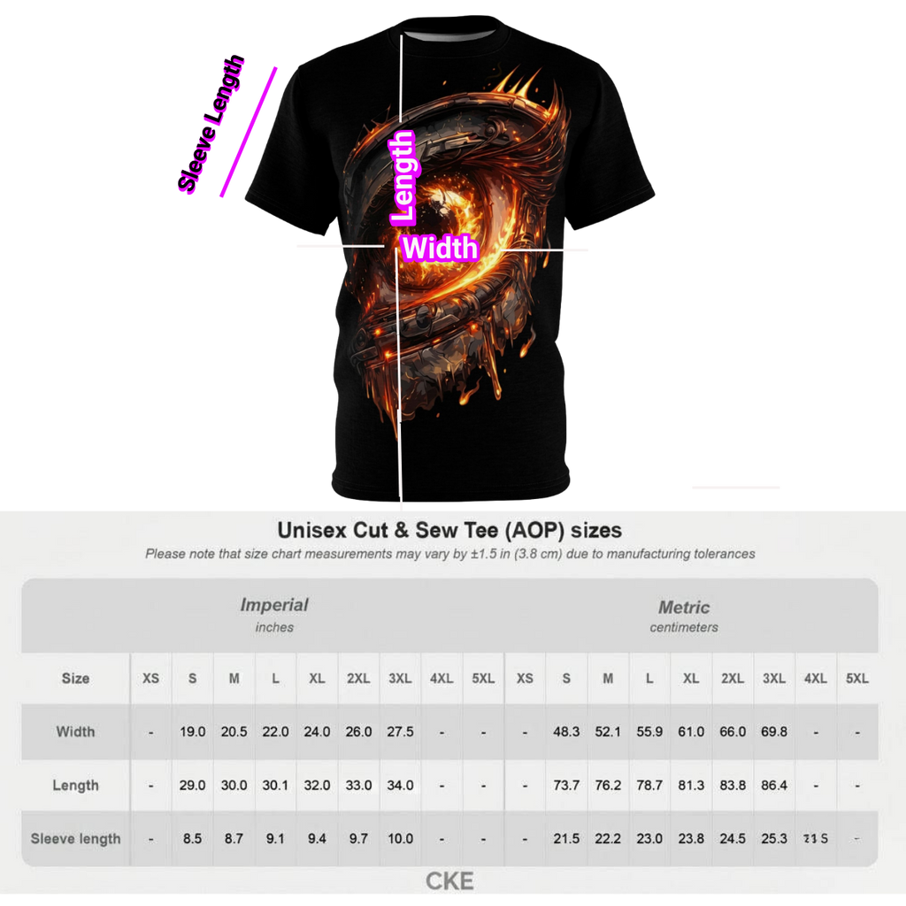 Black performance tee featuring a vivid molten graphic design with fiery textures, perfect for dark fantasy streetwear.