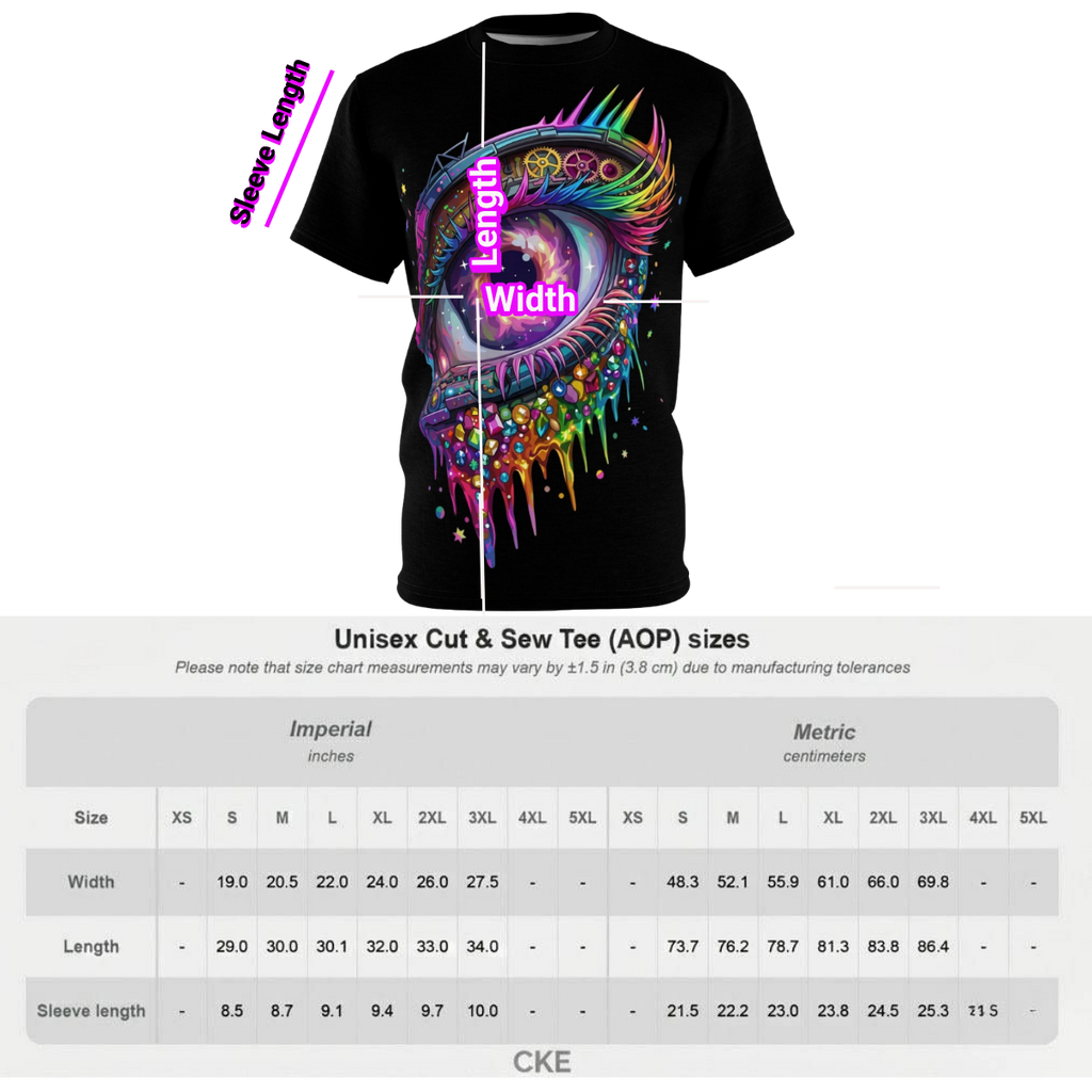 Black graphic t-shirt featuring a vibrant mechanical eye design with cosmic colors and crystalline textures.