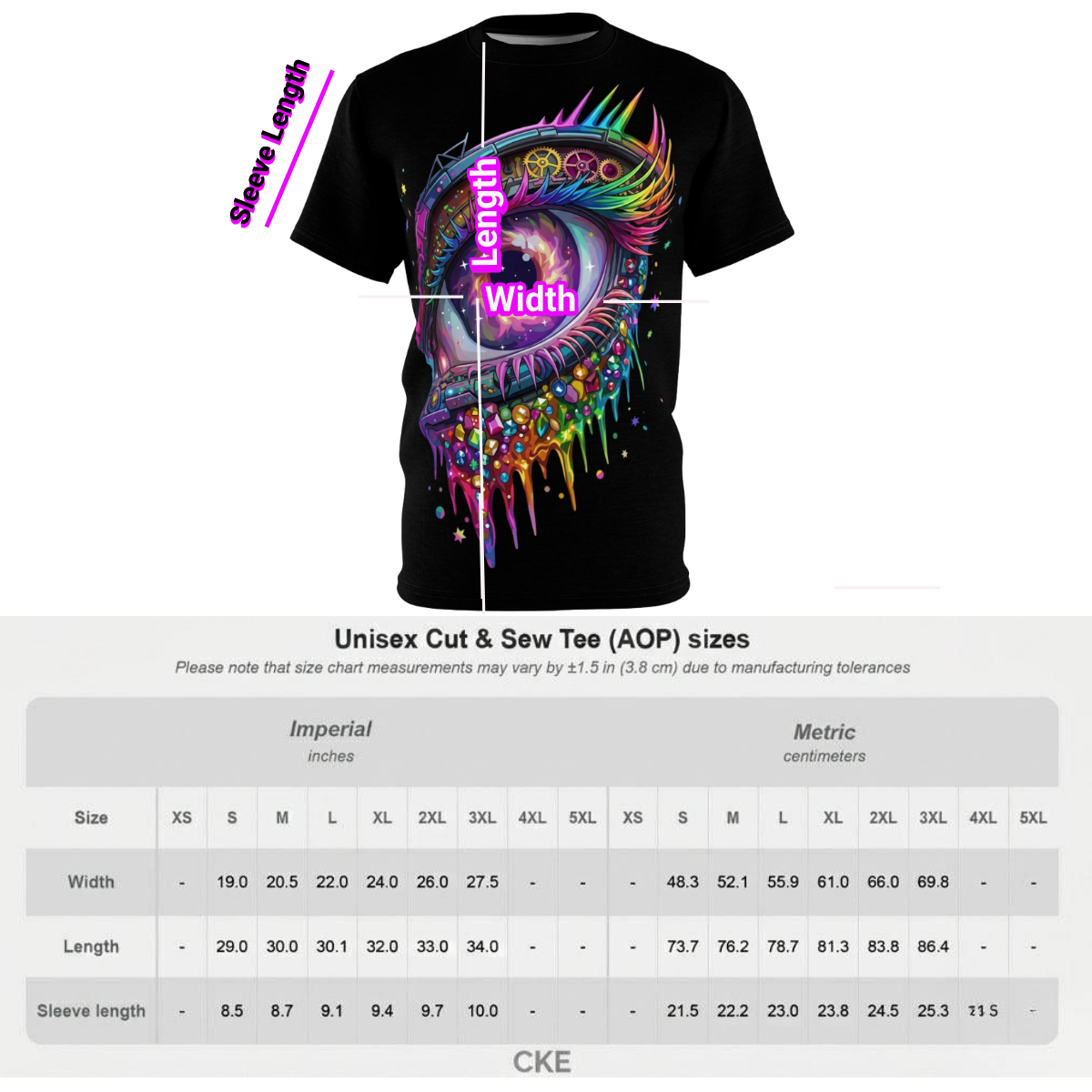 Black graphic t-shirt featuring a vibrant mechanical eye design with cosmic colors and crystalline textures.