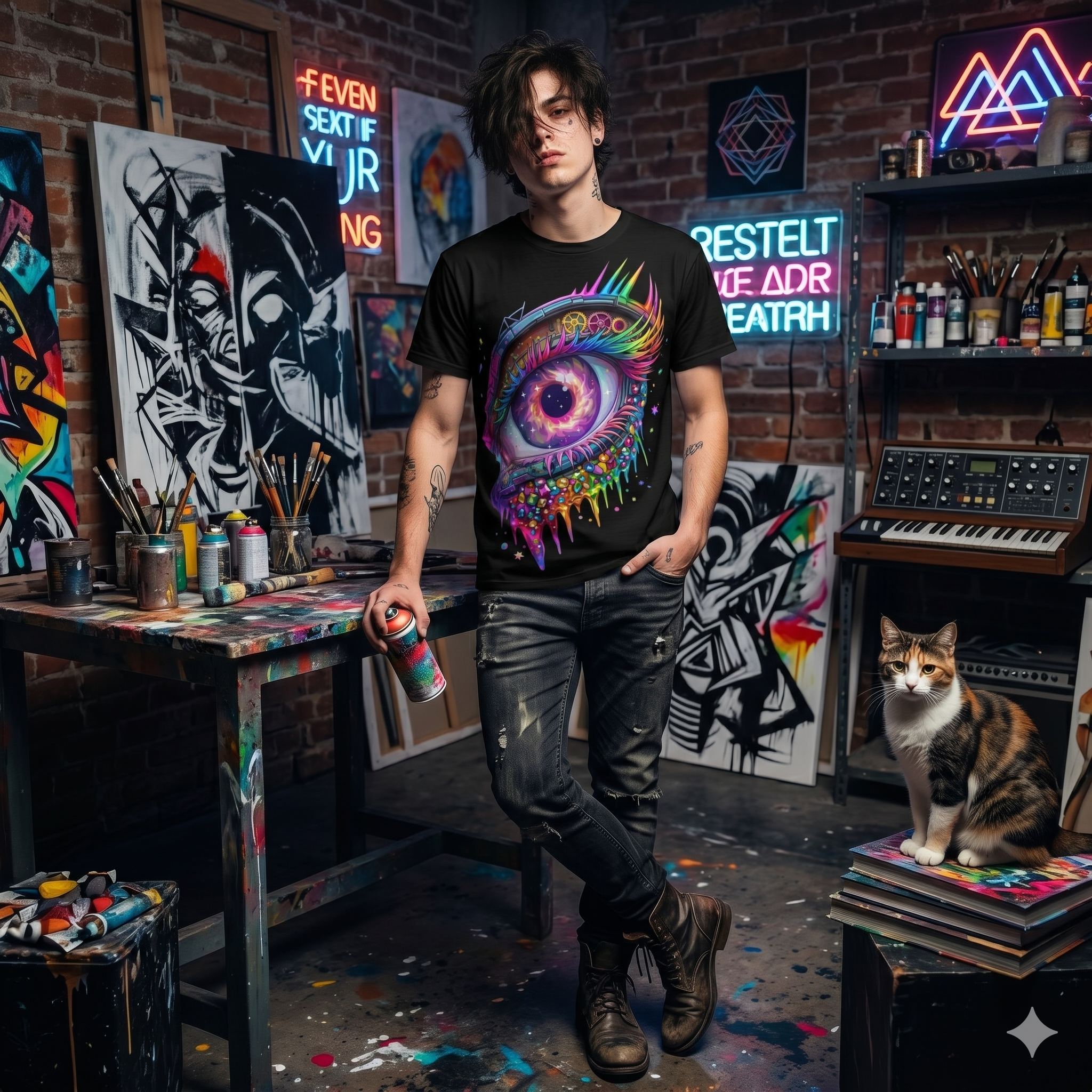 Black t-shirt featuring a colorful mechanical eye graphic with cosmic colors and abstract textures.