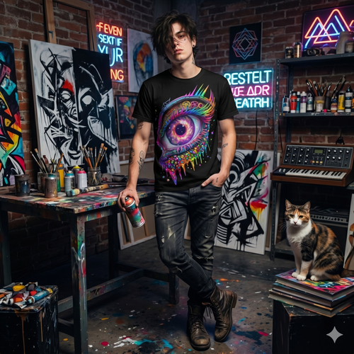 All-over print Cosmic Rainbow Eye Graphic T-Shirt by Chaos Kitten Emporium featuring vibrant rainbow eye design on soft fabric.