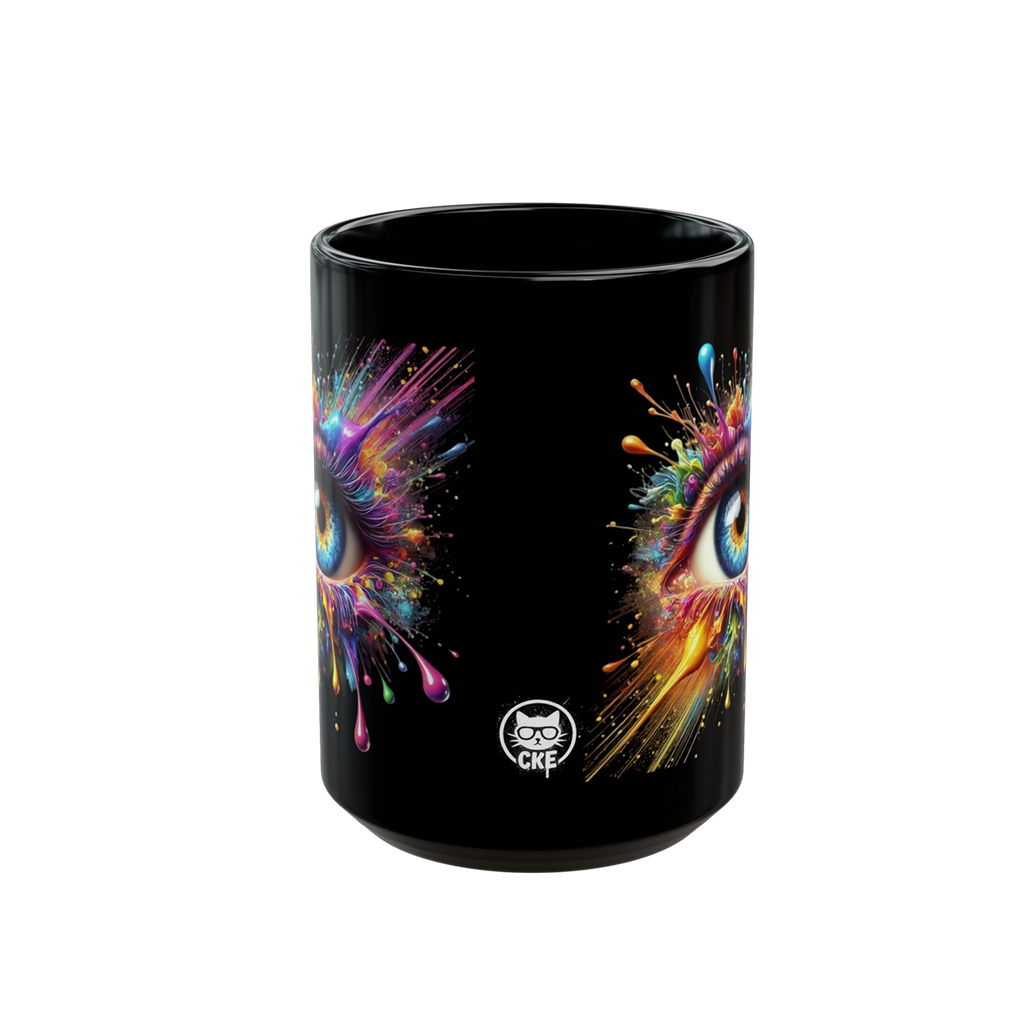 Glossy black ceramic mug featuring vibrant splash-painted eye artwork on both sides.