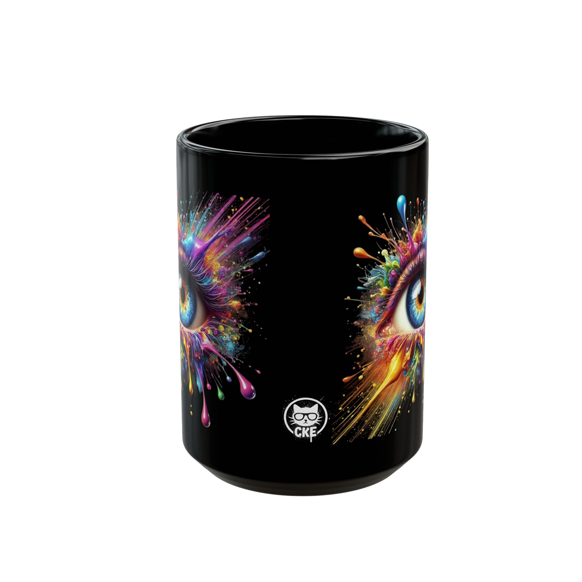 Glossy black ceramic mug featuring vibrant splash-painted eye artwork on both sides.