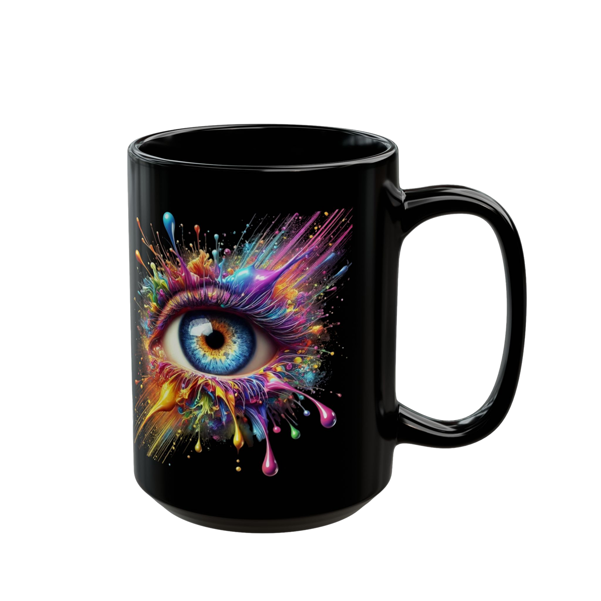 Glossy black mug featuring a vibrant splash-painted eye design and colorful splashes. Perfect for coffee lovers.