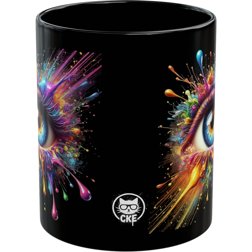 Glossy black mug featuring vibrant, splash-painted eye designs on both sides, perfect for coffee lovers.