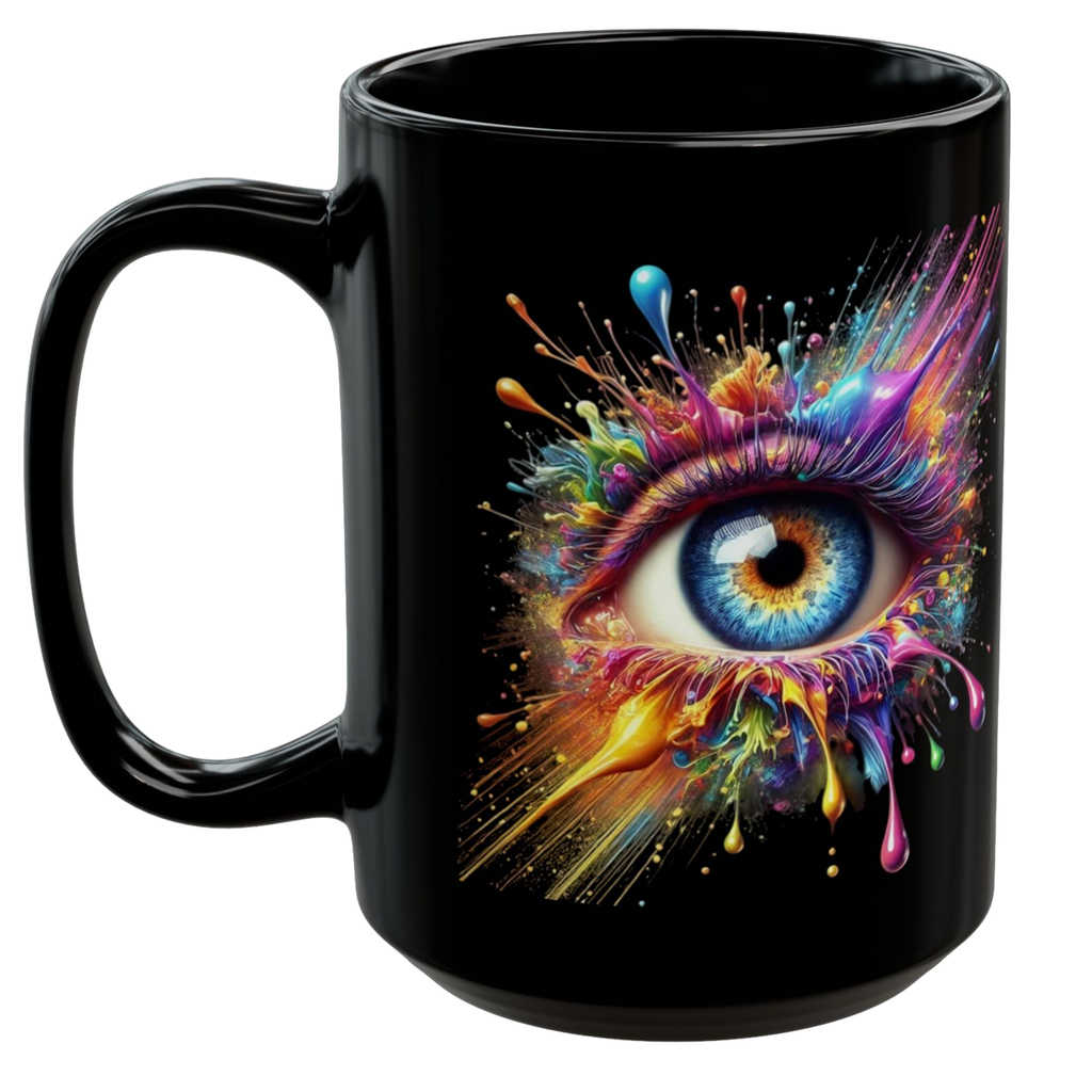 Glossy black mug featuring a vibrant, splash-painted eye design in multiple colors.