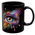 Glossy black mug featuring a vibrant splash-painted eye design with colorful hues against a dark background.