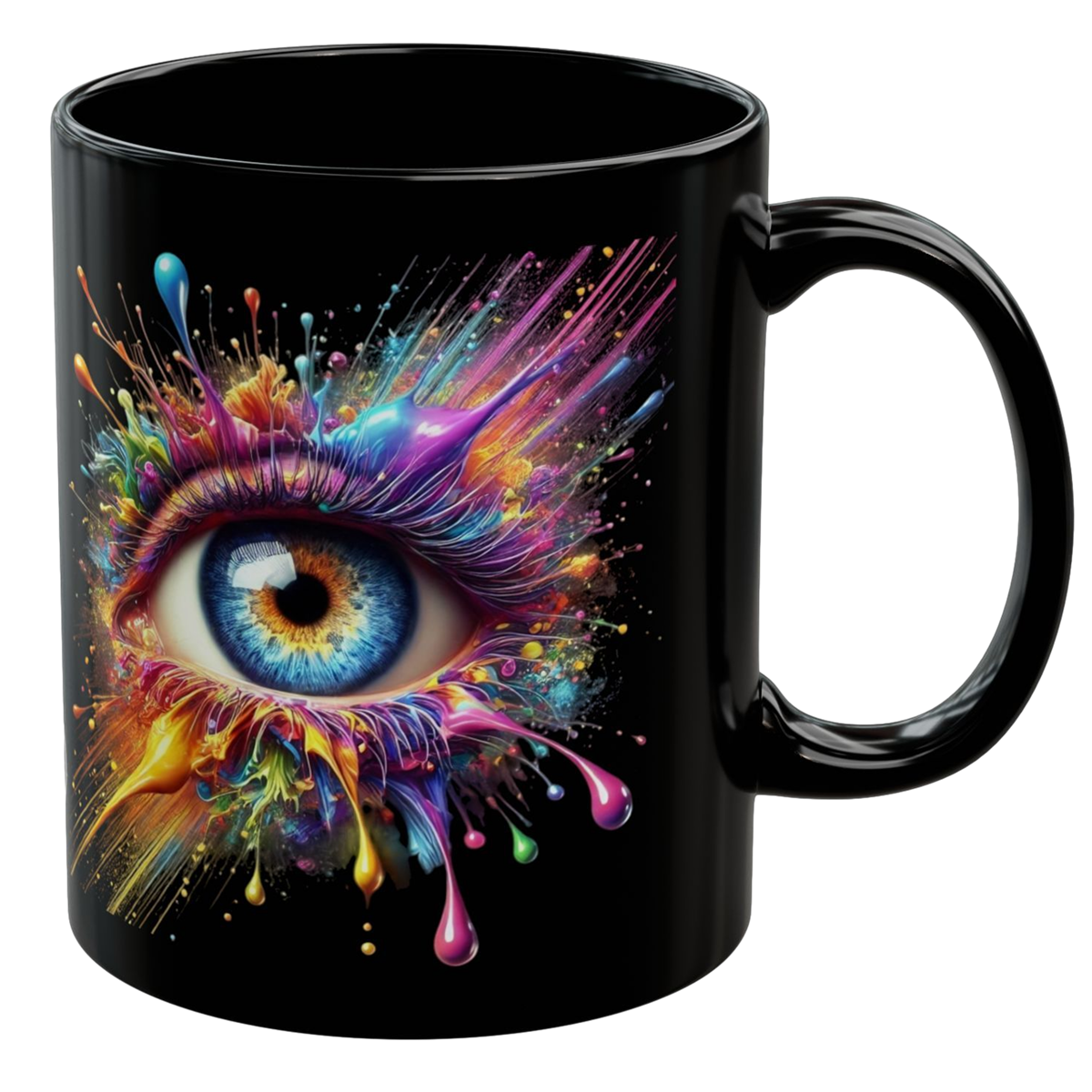 Glossy black mug featuring a vibrant splash-painted eye design with colorful hues against a dark background.