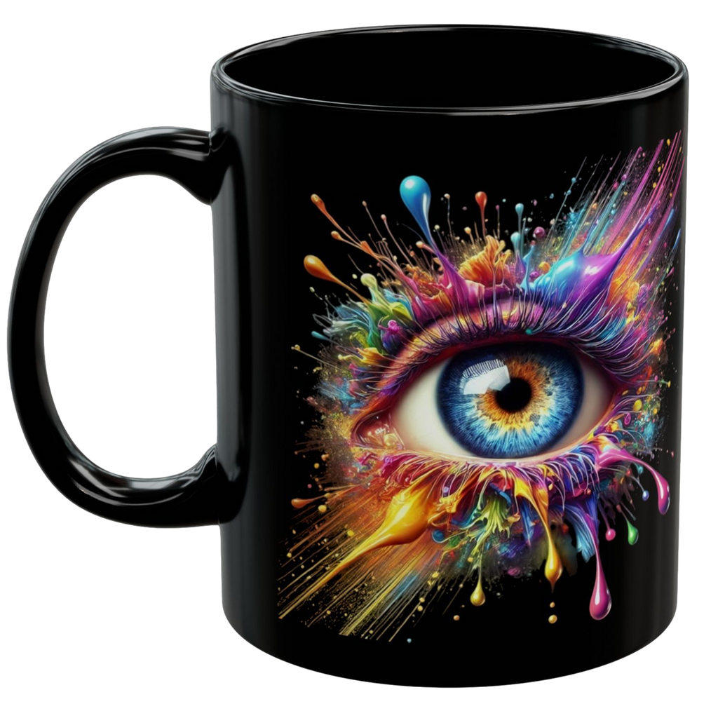 Glossy black mug featuring a vibrant splash-painted eye design in yellow, pink, blue, and orange.
