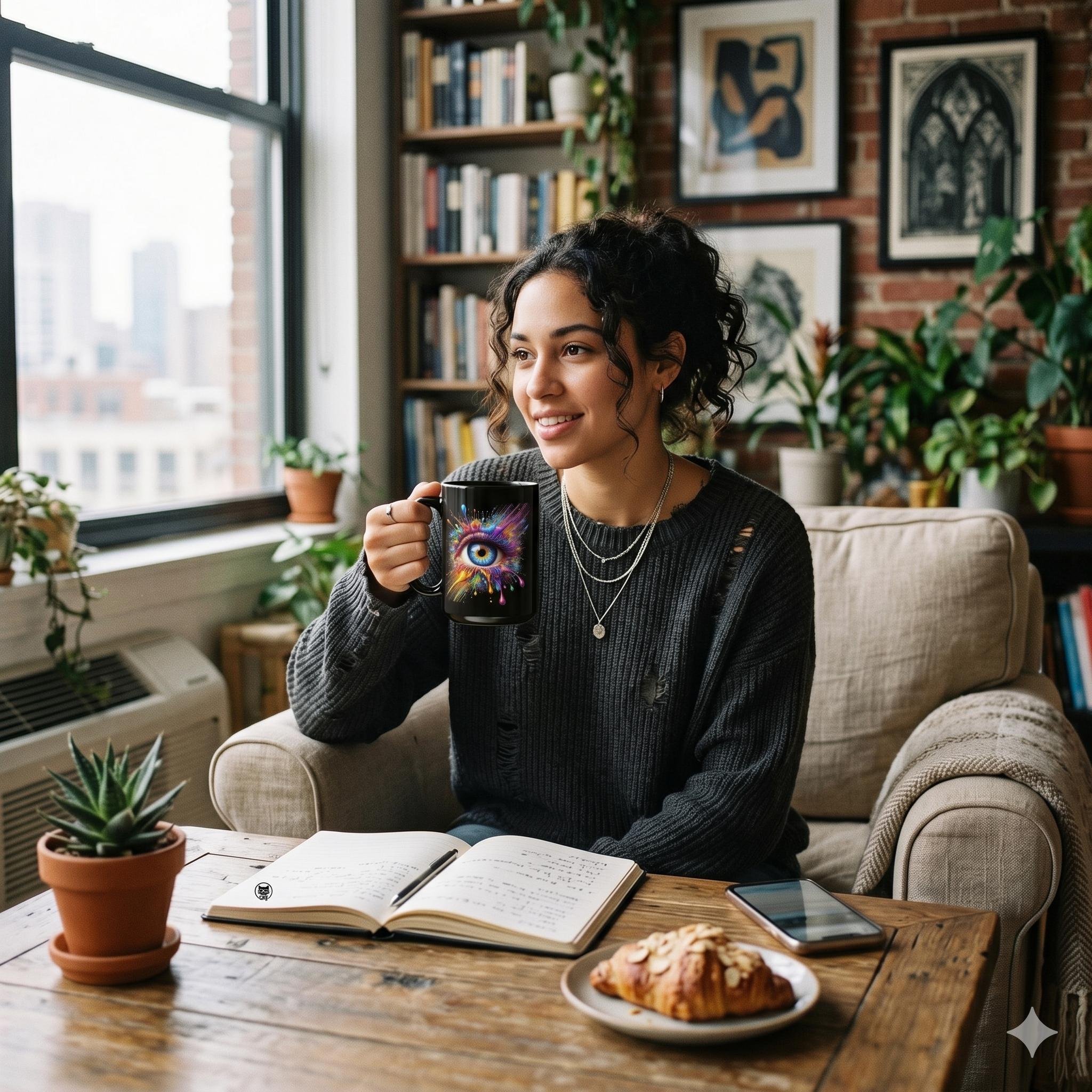A woman holds a glossy black mug featuring a vibrant eye design, surrounded by plants and books in a cozy setting.
