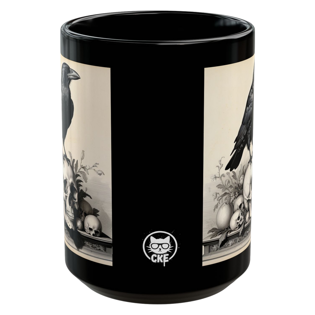 High-contrast raven and skull design on a black ceramic mug by Chaos Kitten Emporium.