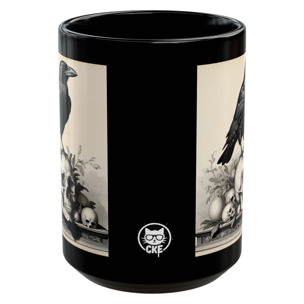 High-contrast raven and skull design on a black ceramic mug by Chaos Kitten Emporium.