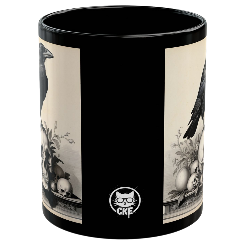 Gothic mug featuring a raven and skull design on a black background with a glossy finish.