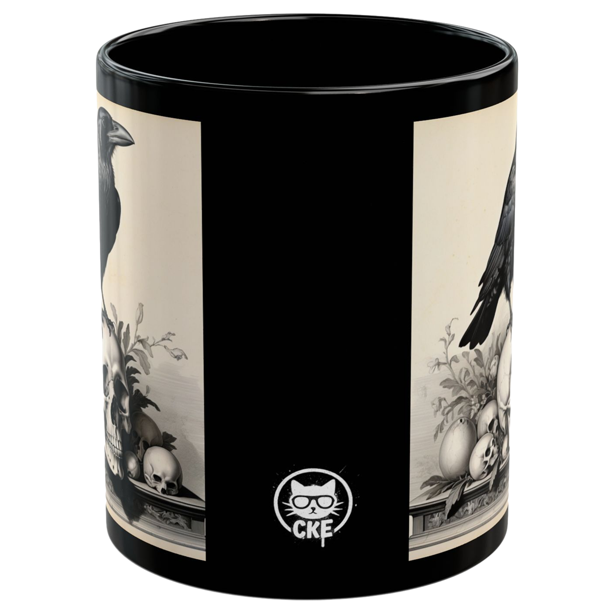 Gothic mug featuring a raven and skull design on a black background with a glossy finish.
