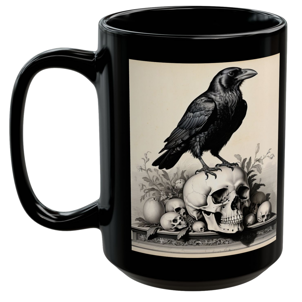 Ceramic mug featuring a raven perched on a skull with a glossy black finish and intricate monochromatic design.