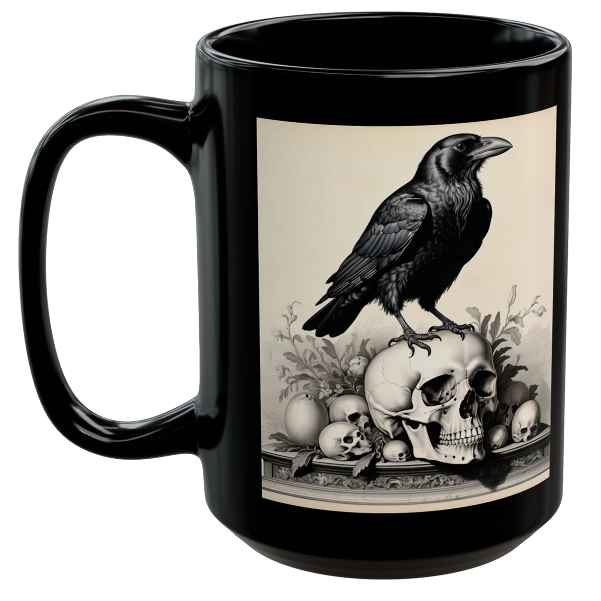 Ceramic mug featuring a raven perched on a skull with a glossy black finish and intricate monochromatic design.