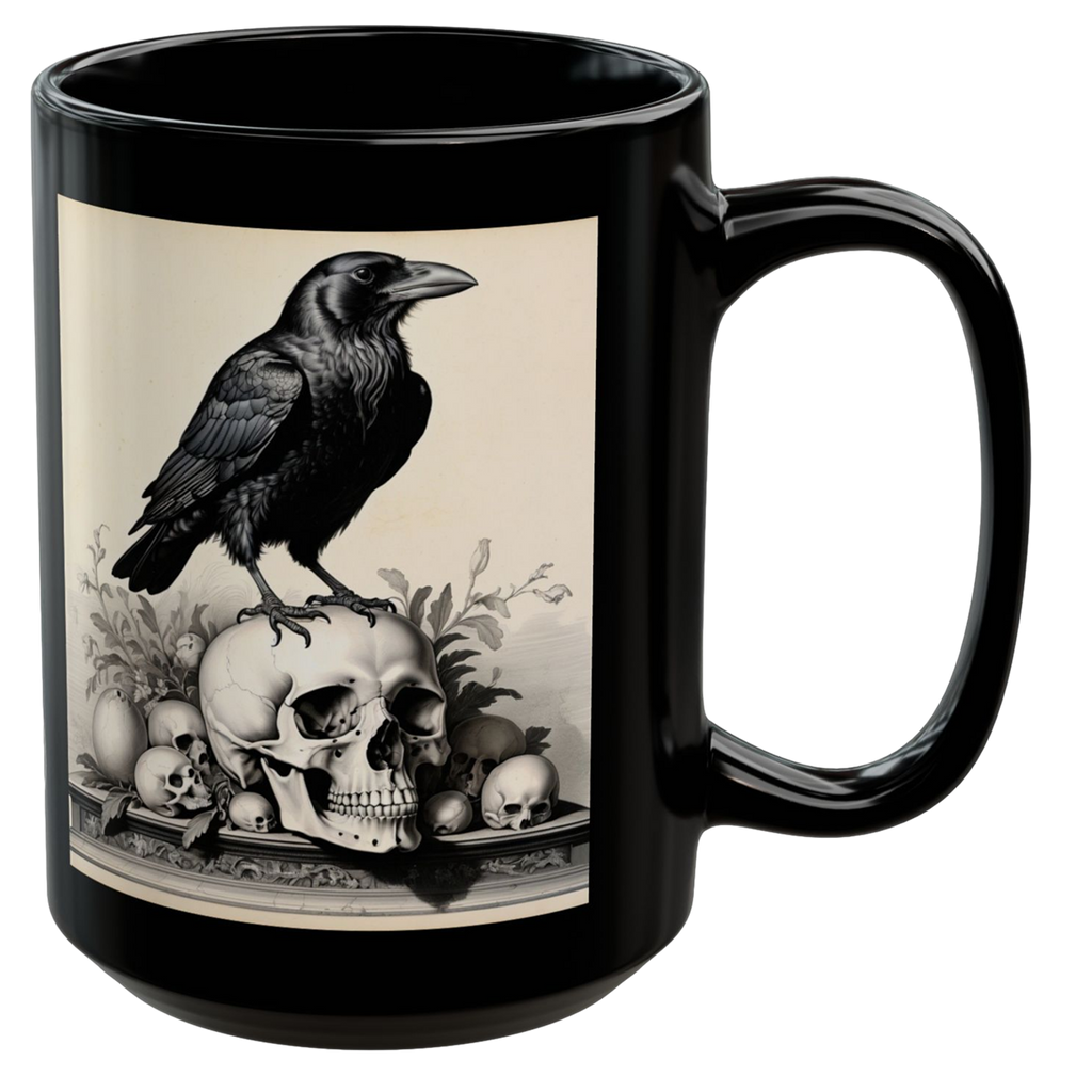 Gothic mug featuring a raven on a skull with decorative elements in a high-contrast Memento Mori design.