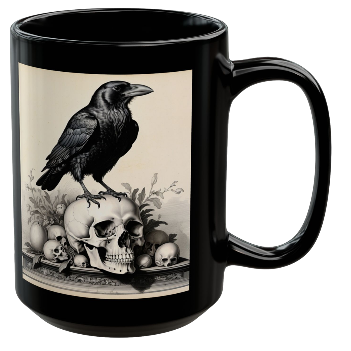 Gothic mug featuring a raven on a skull with decorative elements in a high-contrast Memento Mori design.
