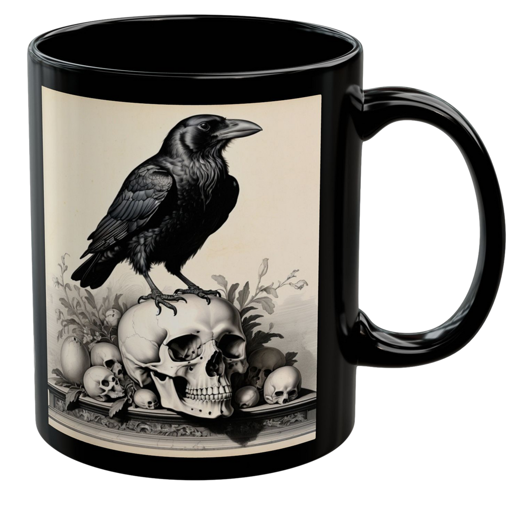 Gothic mug featuring a raven perched on a skull with intricate details and a glossy black finish.