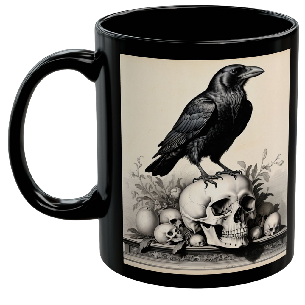 Ceramic mug featuring a raven perched on a skull with a high-contrast gothic design on a black background.