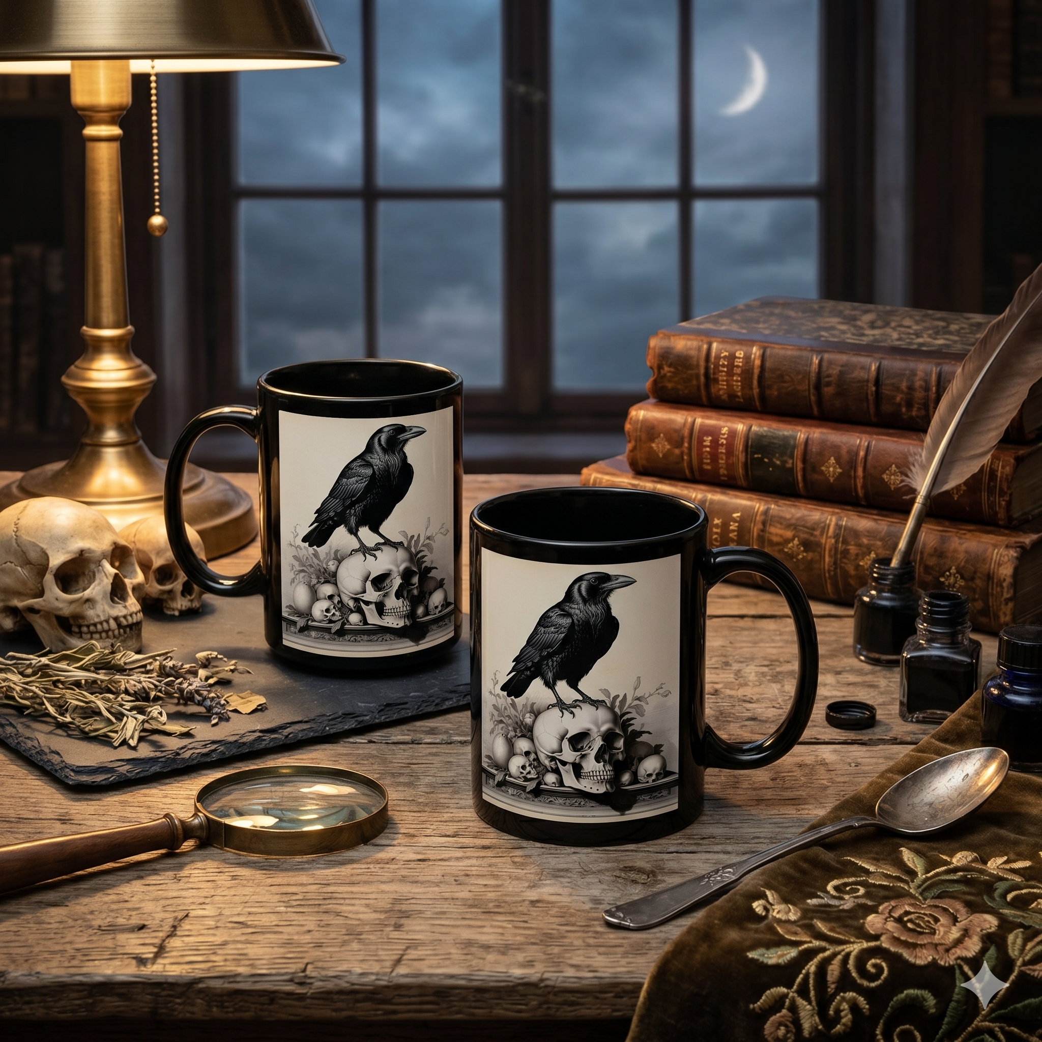 Two Gothic Raven’s Omen and Skull Mugs on a wooden table with books and a skull, showcasing dark aesthetic design.