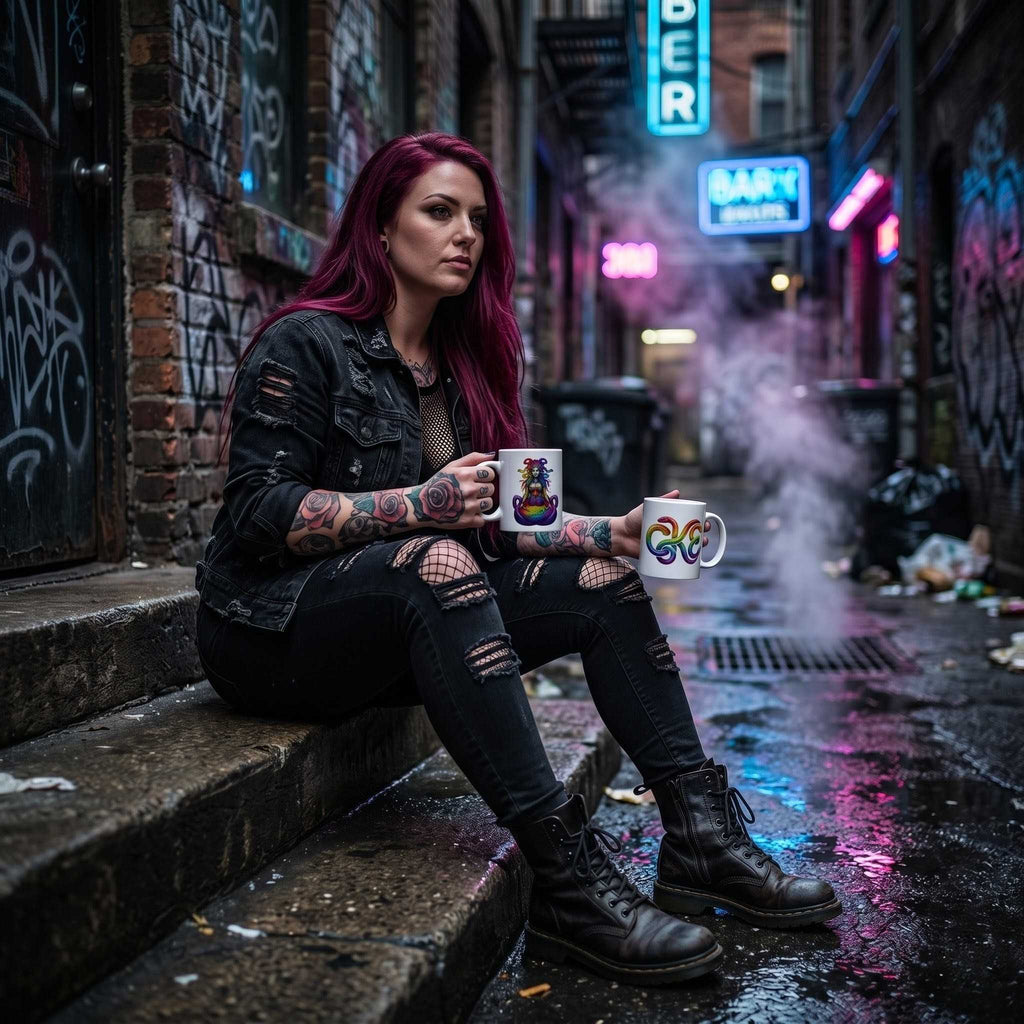 Person holding a colorful ceramic mug featuring intricate Medusa artwork in an urban, graffiti-filled setting.