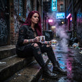 Person holding a colorful ceramic mug featuring intricate Medusa artwork in an urban, graffiti-filled setting.