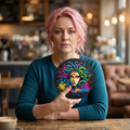 Ceramic coaster featuring a vibrant, graffiti-inspired Medusa portrait in neon colors, set in a cozy café environment.