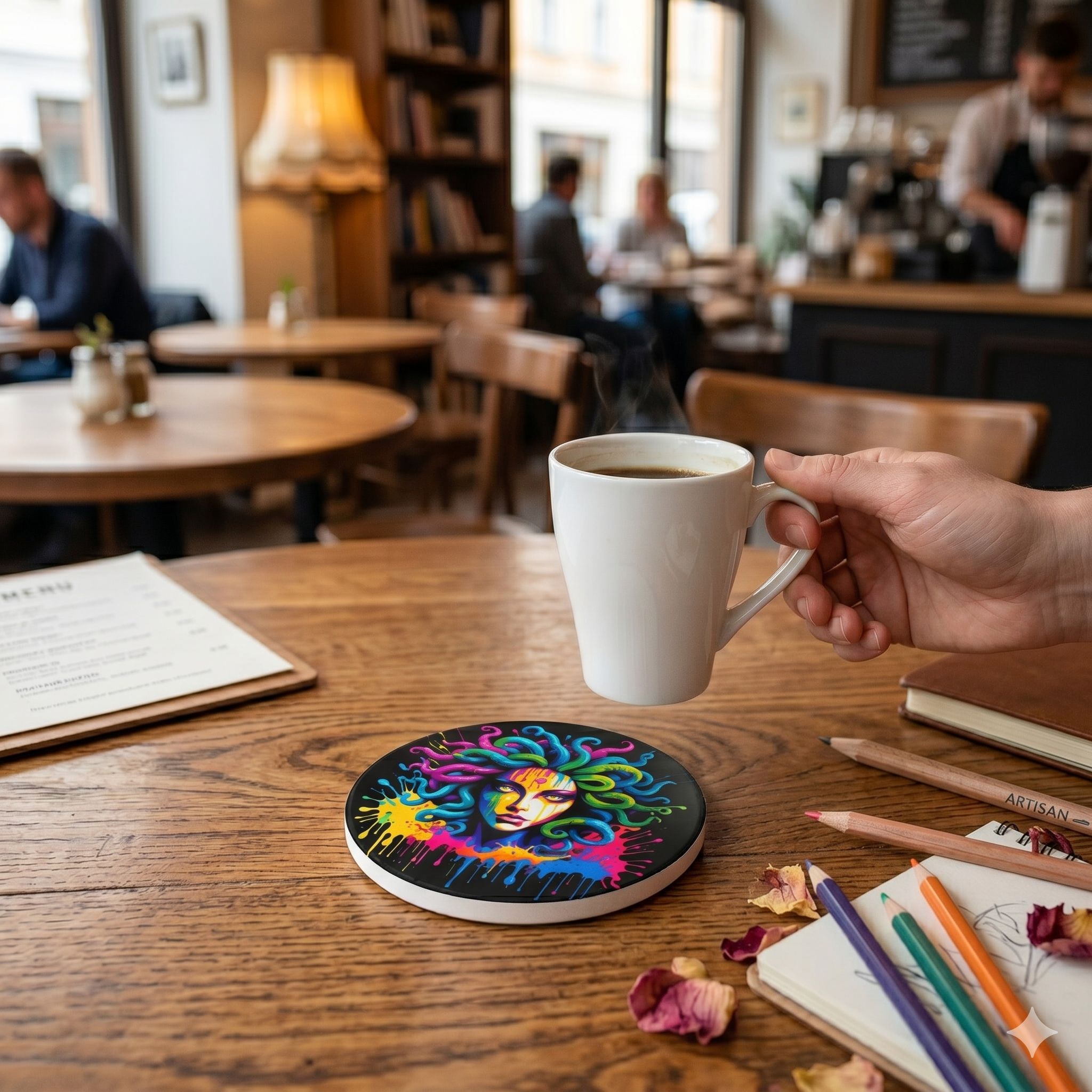 Vivid Iris Paint Splash Ceramic Coaster featuring a neon Medusa design on a wooden table with a coffee cup.