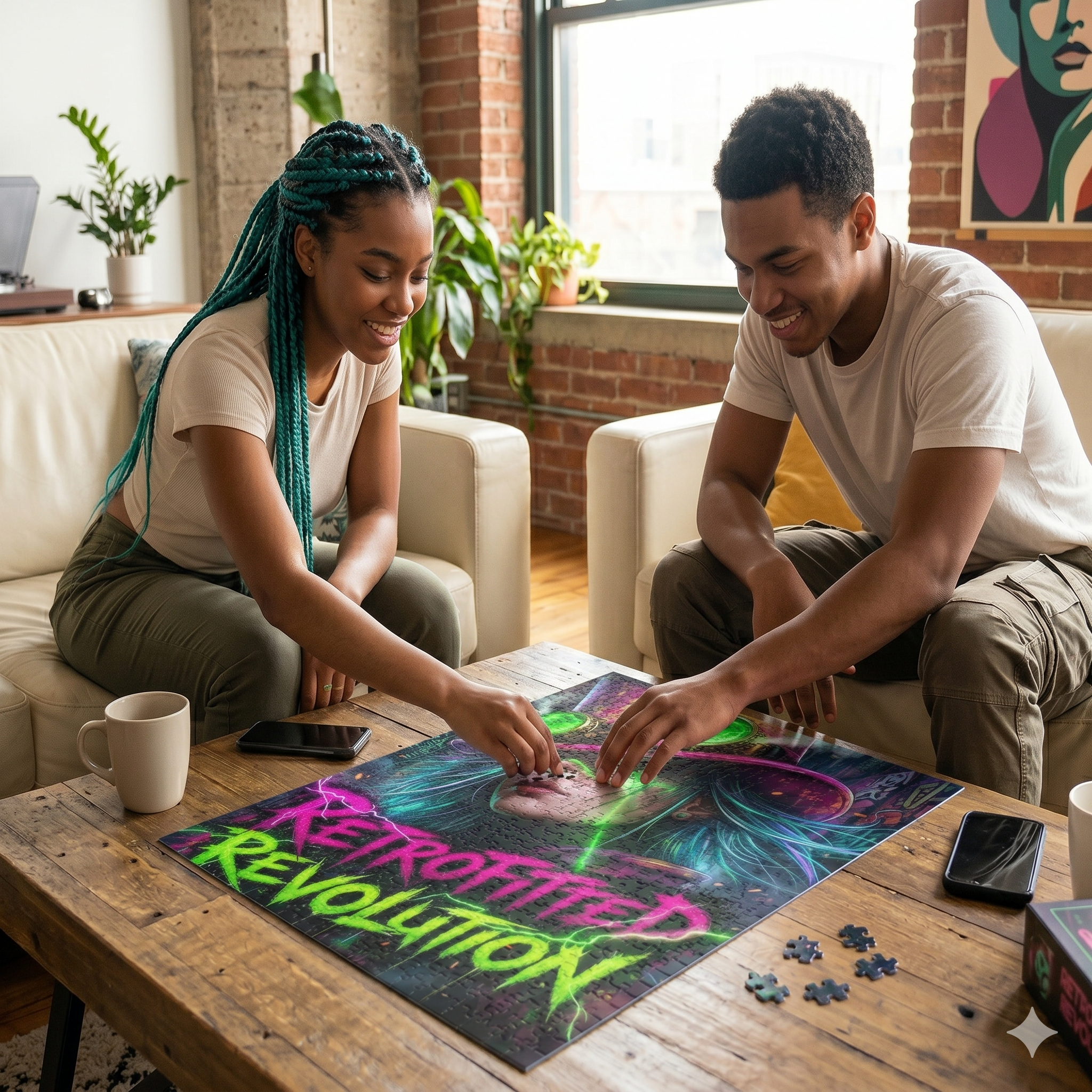Two people assemble the vibrant Retrofitted Revolution Puzzle featuring a steampunk figure in a cozy, creative setting.