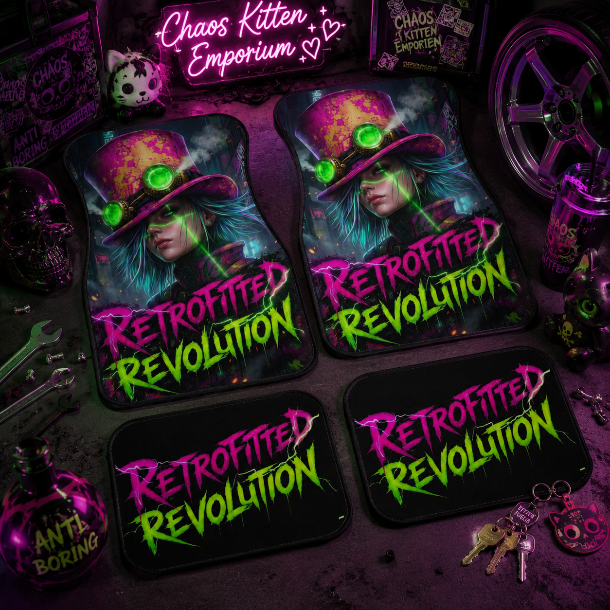 Vibrant steampunk car mats featuring a bold rider with electric teal hair and graffiti-style lettering.