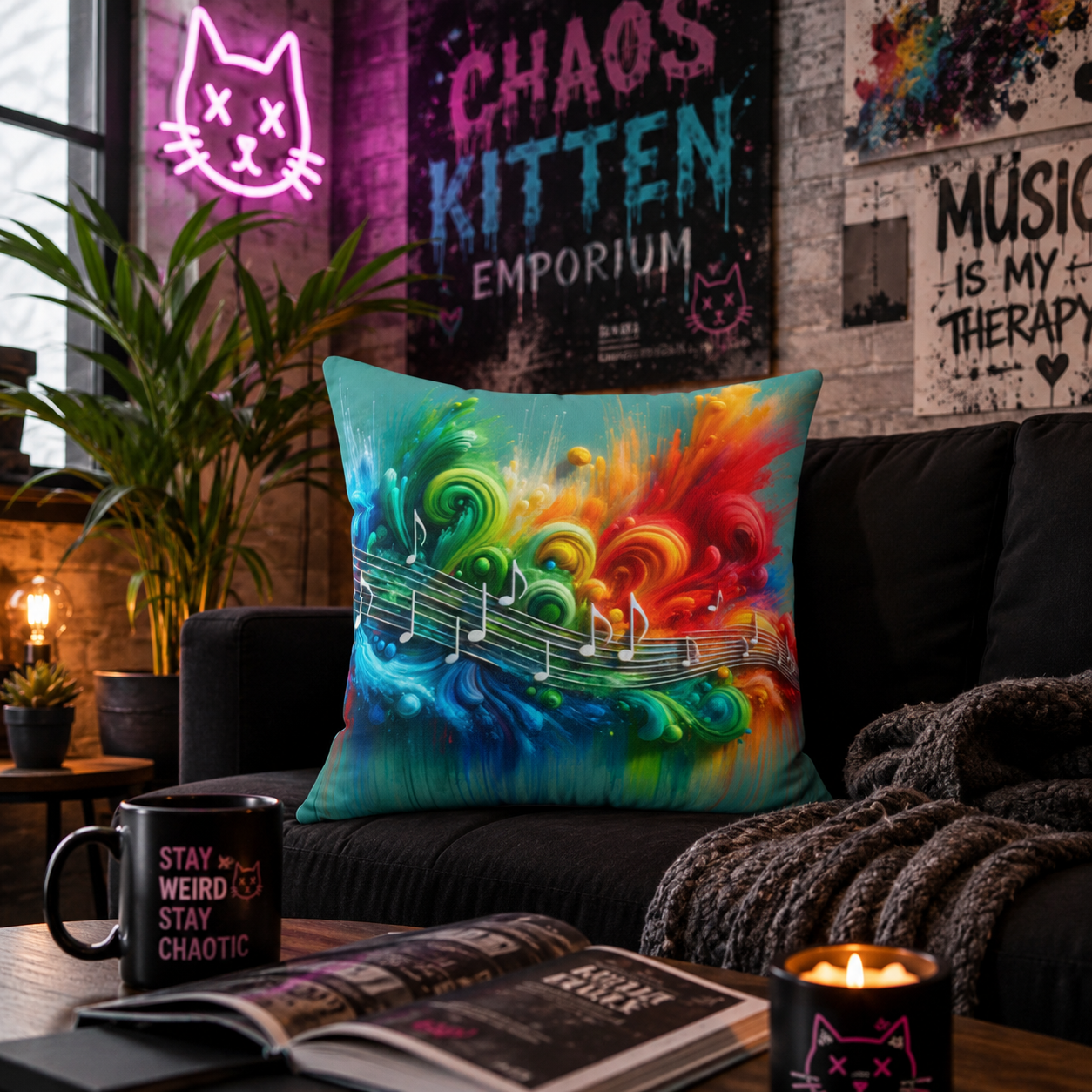Vibrant pillow with swirling rainbow colors and musical notes, set on a dark couch with candles and wall art in the background.