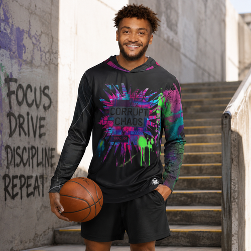 All over print Corrupt Chaos Warmup Hoodie with vibrant chaos kitten design from Printify, featuring bold, colorful graphics.