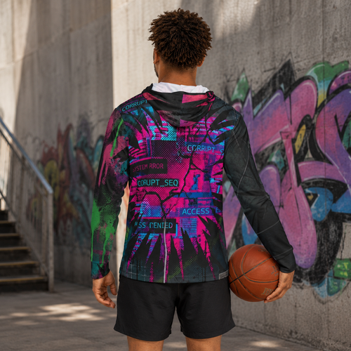All-over print Corrupt Chaos Warmup Hoodie by Chaos Kitten Emporium® with bold, chaotic graphic design in vibrant colors.