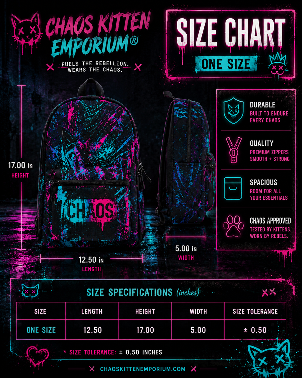 Vibrant Neon Graffiti CHAOS Backpack featuring teal and magenta design on a black background, perfect for urban adventures.