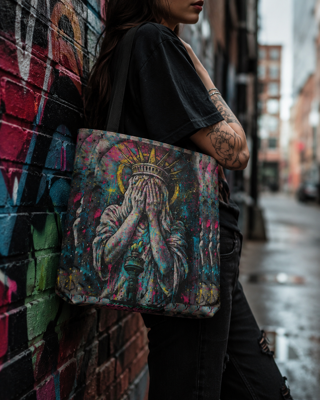 Graffiti-inspired Lady Liberty tote bag held by a model, showcasing vibrant urban art against a brick wall.