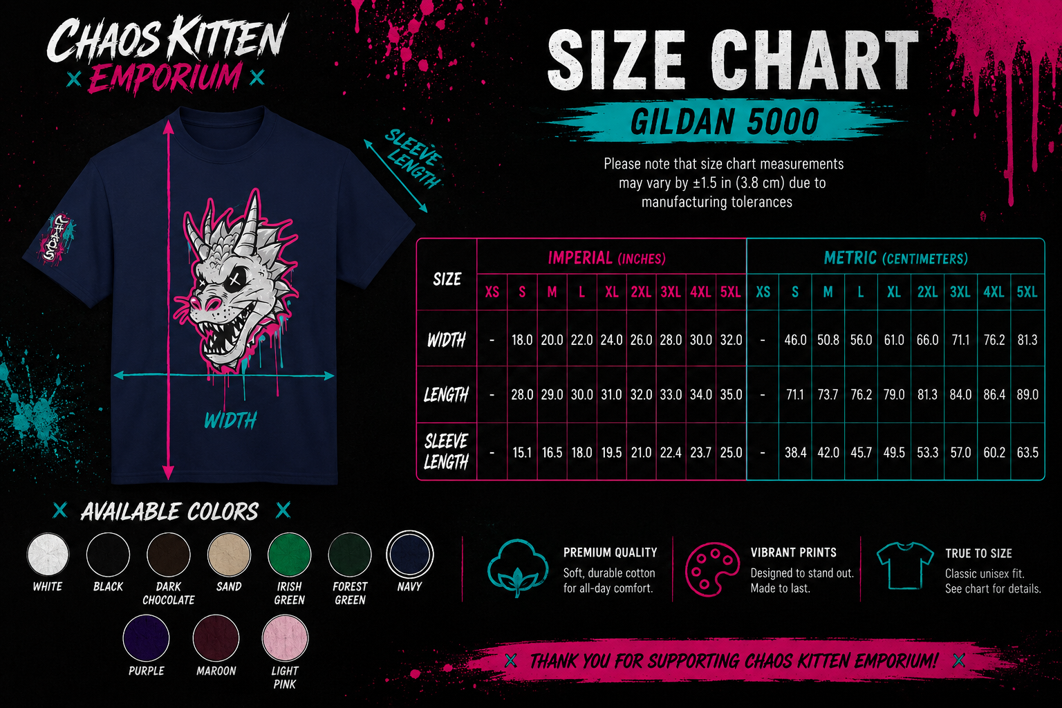 T-shirt with a graphic design on a dark background, featuring a size chart for Gildan 5000 shirts.